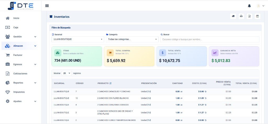Inventarios JDTE: existencias por sucursal, búsqueda por código de barras, total de compra, total de venta y ganancia neta